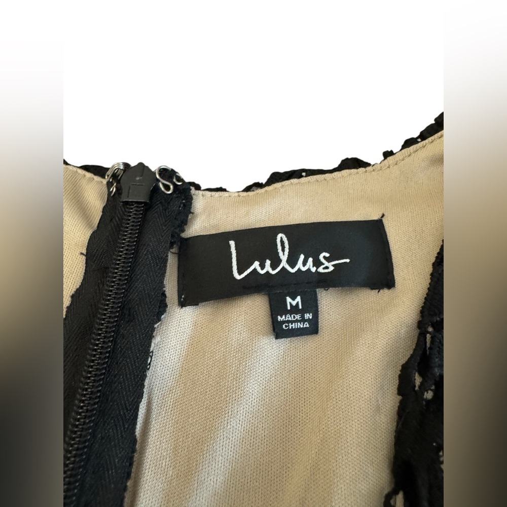 Lulu's Black & Gold Lace-Overlay Deep V Mini Dress - Picture 9 of 16